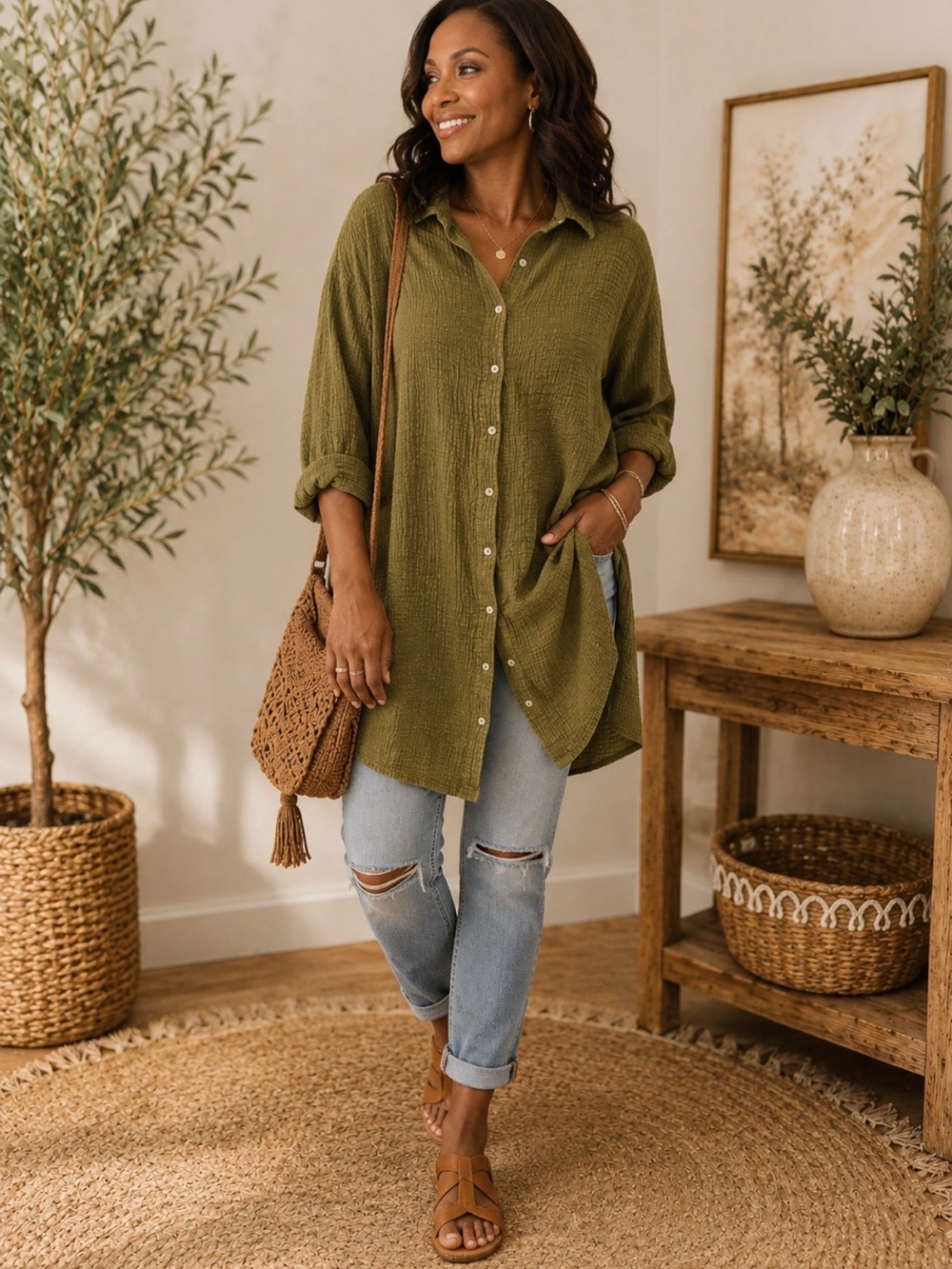 Jaded Gypsy gauzy texture Olive Green Button-Down Tunic Shirt - P2P 23’ -NWOT